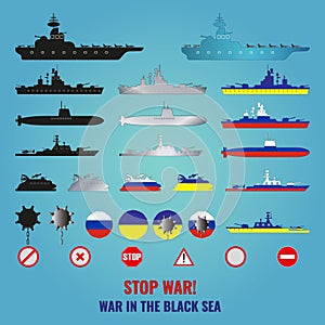 A set of icons of ships, naval mines and anti-war signs painted in the colors of the flags of Russia and Ukraine. Lettering No war
