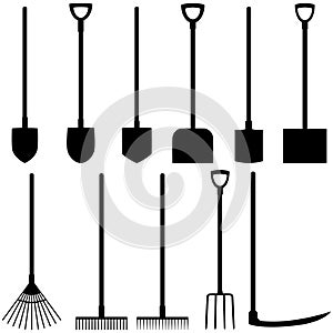 Set of icons of shovels, rakes, fork, scythe