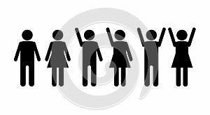 Set of icons of silhouettes of people men and women with lowered hands. raised with one hand and raised with two hands