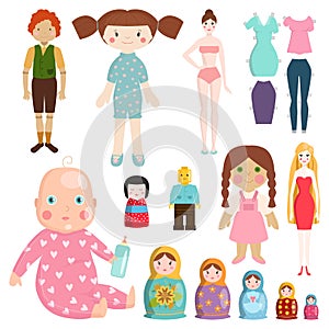 Set icons small girls dolls playing with toys handmade happy children character and game gift dolly cute play baby