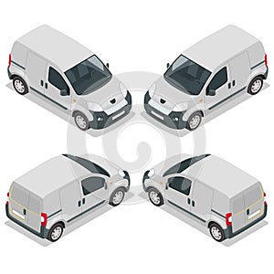 Set of icons small truck for transportation cargo. Van for the carriage of cargo. Delivery car. Vector 3d isometric