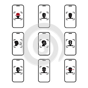 Set Of Icons With Smart Phones Scanning Person, Face Recognition System Biometric Identification Concept