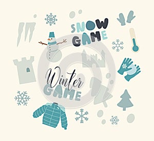 Set of Icons Snow Fun and Winter Games Theme. Snowman, Fir Tree and Ice Tower, Warm Clothes, Snowflakes and Icicles