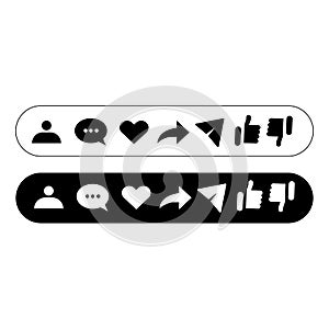 Set icons. Social media icons thumb up down heart icon repost direct and comment. Flat icons black and white. Vector EPS10