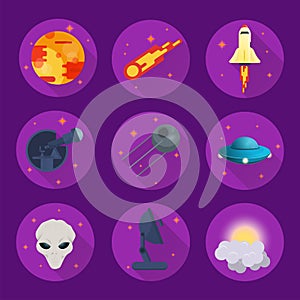 A set of icons on a space science theme for the design of a UFO telescope planet alien rocket flat vector illustration