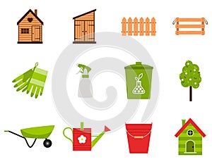 A set of icons. Spring, garden tools, shed, gloves, fertilizer, water sprayer, fence, box, bucket. Color flat cartoon