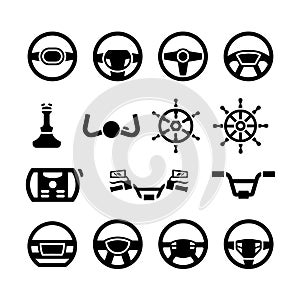 Set icons of steering wheel, marine steering, helm, bicycle and motorcycle handlebar