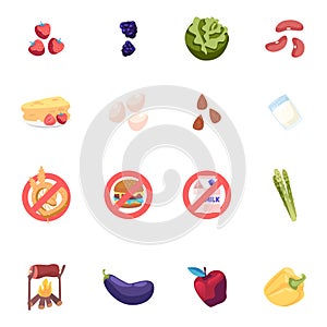 Set of Icons Strawberry, Blackberry and Cabbage with Beans, Cheese, Eggs, Almond and Asparagus