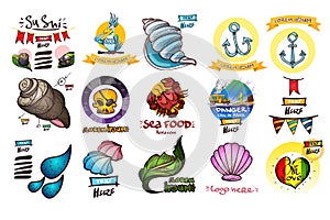 Set of icons in the style of hand-drawing on the theme of the sea. Outline color illustrations to create infographics