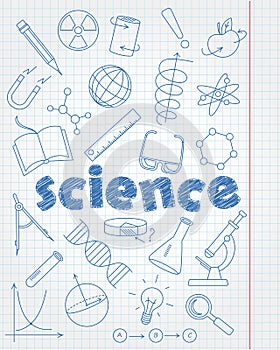 Set of icons on the subject of education and science, blue contour icons on the clean writing-book page in a cage and the inscr