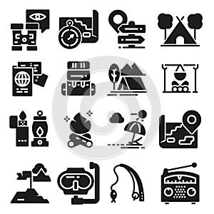 Set of icons and symbols for camping and hiking.