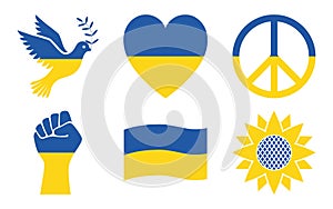 Set of icons symbols of peace in the colors of the flag of Ukraine. The concept of a peaceful and independent life.