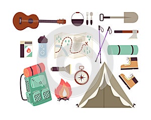 Set icons or symbols of tourism and camping, flat vector illustration isolated.