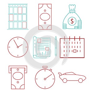 Set icons on the theme of finance and business. Vector illustration notebook, pen, money bag, dollar sign, banknote