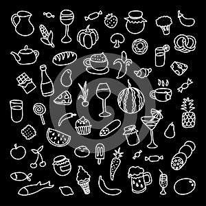 Set of 55 icons on the theme of food, different dishes and cuisines