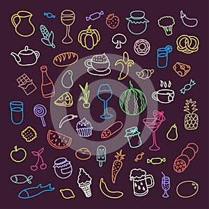 Set of 55 icons on the theme of food, different dishes and cuisines photo