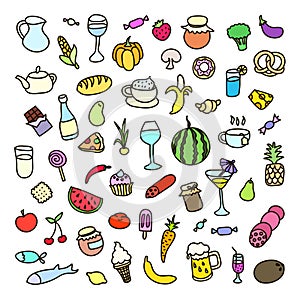 Set of 55 icons on the theme of food, different dishes and cuisines