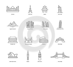 Set of icons on the theme of travel and vacation. Famous international landmarks