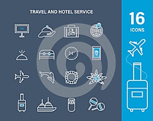 Set icons of travel and hotel service. Vacation, travel, trip.
