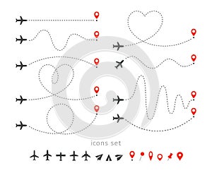 Set icons of travel way by plane. Takeoff and landing of a passenger plane. Flight route infographic elements. Flight by