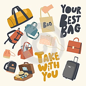 Set of Icons Various Bags Theme. Accessories Collection, Suitcase, Luggage or Baggage for Tourist Travel, Reticule photo