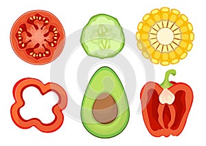 Set of Icons Vegetable Slices Tomato, Cucumber, Corn and Bell Pepper with Avocado Round Halves, Healthy Sliced Veggies