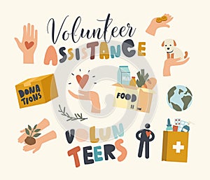 Set of Icons Volunteer Assistance and Help to People Theme. Donation Box, Human Hand and Heart Symbol, Grocery and Food