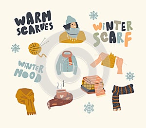 Set of Icons Warm Clothing Theme. Clew and Knitting Needles with Young Woman Wearing Warm Hat and Scarf. Winter Mood