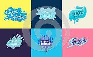 Set of Icons with Water, Pure Liquid Aqua Splashing, Dripping and Flow Isolated in Colorful Backgrounds, Natural Water