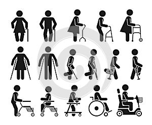 Set of icons which represent people using various orthopedic equipment