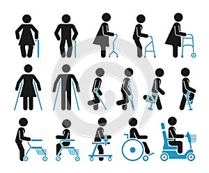 Set of icons which represent people using various orthopedic equipment