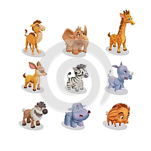 Set of icons wild animal cute babies for zoo. Vector illustration.