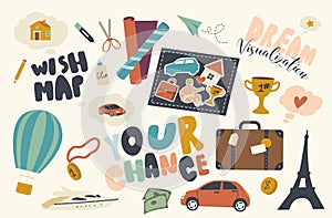 Set of Icons Wish Map Theme. Home, Traveling, Car and Suitcase, Eiffel Tower, Balloon or Winner Cup with Luxury Yacht