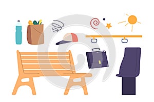 Set of Icons Wooden Bench, Paper Bag with Grocery, Water Bottle, Briefcase, Bus Seat and Handle, Cap, Sun and Stars