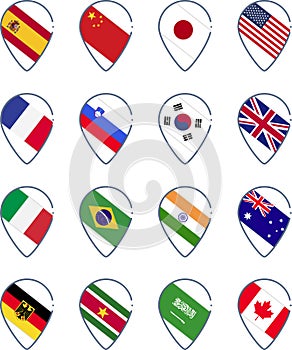Set of icons of world flags in the form of a map sign