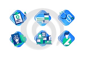 Set icons with x-ray, man with broken hand, pill, tablet with pencil, hospital.