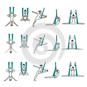 Set of icons yoga with hammock poses