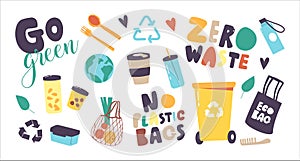 Set of Icons Zero Waste, No Plastic Theme. Recycling Litter Bin, Bamboo or Wooden Utensils, Eco Bag and Earth Globe