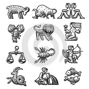 Set of icons with zodiac symbols in engraving style isolated on white
