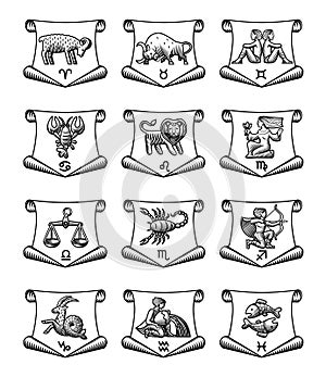 Set of icons with zodiac symbols on parchment frame in engraving style isolated on white