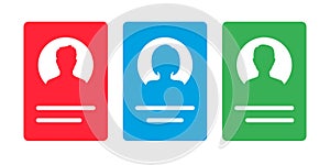 Set Id badge icons. Identification card with lanyard, man and woman fase. Identity document with person photo and info