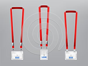 set of ID cards, badges with red lanyards