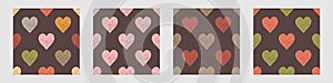 Set of Identical Symmetrical Seamless Patterns with Freehand Hearts in Different Colors. Grunge and Retro Style