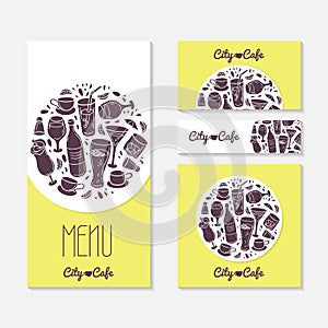 Set of identify cards templates with doodle drinks