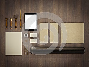 Set of identity elements on vintage wood background