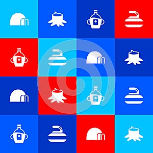 Set Igloo ice house, Tree stump, Maple syrup and Stone for curling icon. Vector