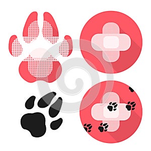 Set of Ikons with Veterinary Care Thematik. Dog Paw and Cross Made from Medical Patchs photo