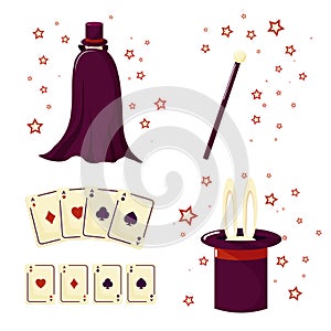 A set of the illusionist. Magician, rabbit, cards and magic wand.