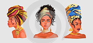 Set with Illustration of an African or latinos Girls Wearing Pretty Heads Scarves and Earrings. Used for print design