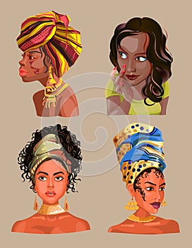 Set with Illustration of an African or latinos Girls Wearing Pretty Heads Scarves and Earrings. Used for print design